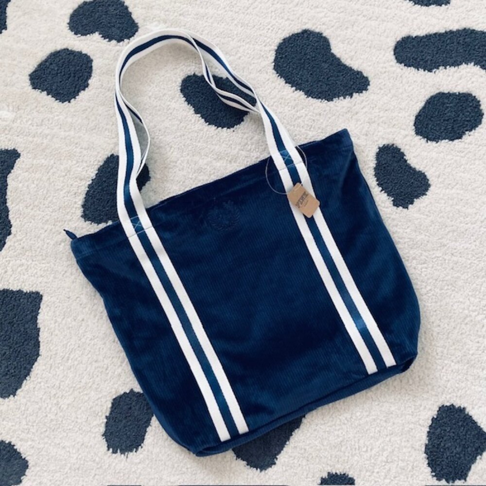 NWT $50 Victorias Secret PINK Blue Ribbed Velvet Velour Shopper Tote Gym Bag